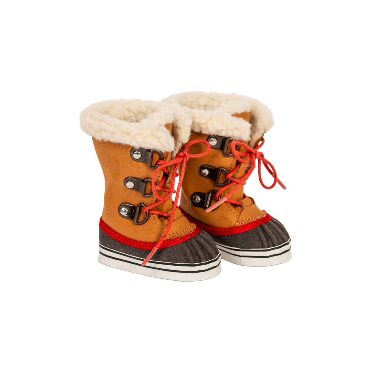 A pair of 18 inch doll winter boots in tan suede with cream sherpa lining, orange-red laces, dark gray toe caps, and red stripe accents on the soles, shown on a plain white background. Classic winter boots for 18-inch dolls with cozy sherpa lining Maplelea