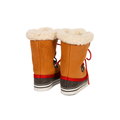 A pair of 18 inch doll ankle winter boots in tan suede with a cream shearling lining, featuring red laces, a red stripe, and a dark gray heel counter with a white and black sole. Maplelea and fits american girl dolls