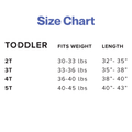 Toddler T-shirt size chart on a light gray background. The chart lists sizes 2T, 3T, 4T, and 5T with corresponding weight and height ranges. Size 2T fits 30–33 lbs and 32–35 inches tall; 3T fits 33–36 lbs and 35–38 inches tall; 4T fits 36–40 lbs and 38–40 inches tall; and 5T fits 40–45 lbs and 40–43 inches tall. The title “Size Chart” appears at the top.