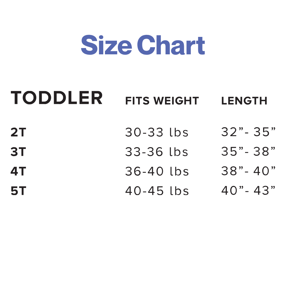 Toddler T-shirt size chart on a light gray background. The chart lists sizes 2T, 3T, 4T, and 5T with corresponding weight and height ranges. Size 2T fits 30–33 lbs and 32–35 inches tall; 3T fits 33–36 lbs and 35–38 inches tall; 4T fits 36–40 lbs and 38–40 inches tall; and 5T fits 40–45 lbs and 40–43 inches tall. The title “Size Chart” appears at the top.