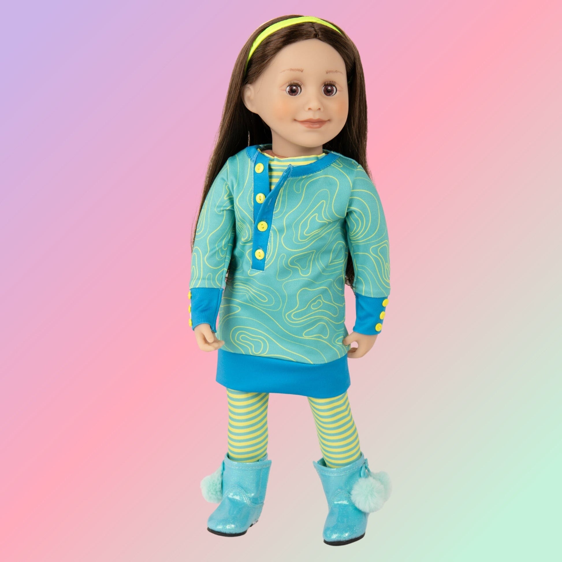 18-inch doll wearing tunic dress striped tights hairband blue boots.