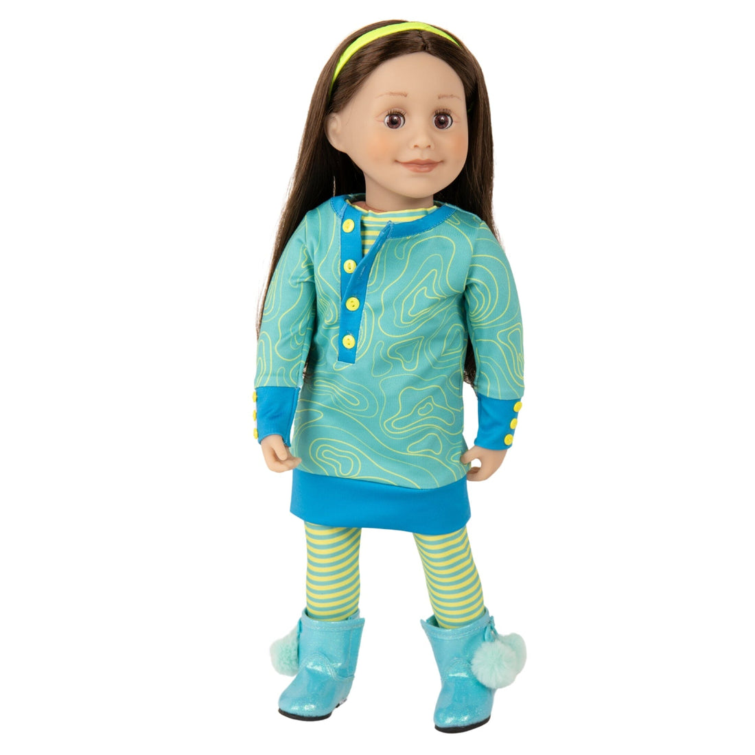 18-inch Canadian girl doll wearing aqua dress with striped tights yellow hairband and boots.