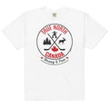 White adult plus size T-shirt displayed on a light gray background, featuring a circular “True North Canada” graphic in red and black. The design includes crossed hockey sticks, a maple leaf, evergreen trees, a moose, and an Inukshuk, with the words “True North,” “Canada,” and “Strong & Free” arranged around the emblem.