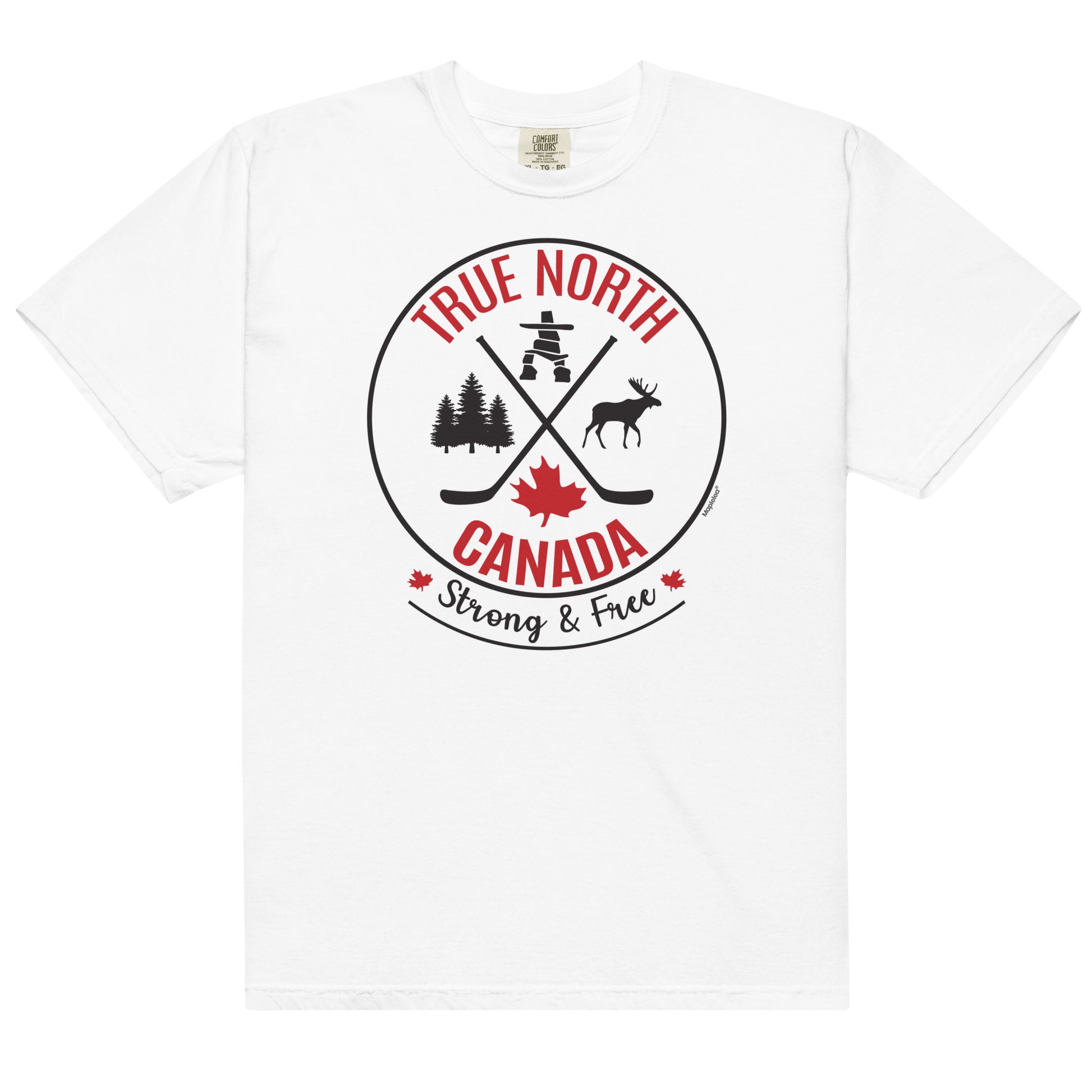 White adult plus size T-shirt displayed on a light gray background, featuring a circular “True North Canada” graphic in red and black. The design includes crossed hockey sticks, a maple leaf, evergreen trees, a moose, and an Inukshuk, with the words “True North,” “Canada,” and “Strong & Free” arranged around the emblem.