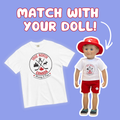 Promotional graphic with the text “MATCH WITH YOUR DOLL!” in large white letters outlined in red on a purple background. A white “True North Canada” T-shirt featuring a red-and-black Canadian-themed emblem is shown on the left. On the right, a doll wears a matching white graphic T-shirt, red shorts with a maple leaf detail, and a red Canada hat. A curved arrow points toward the doll to highlight the matching outfit.