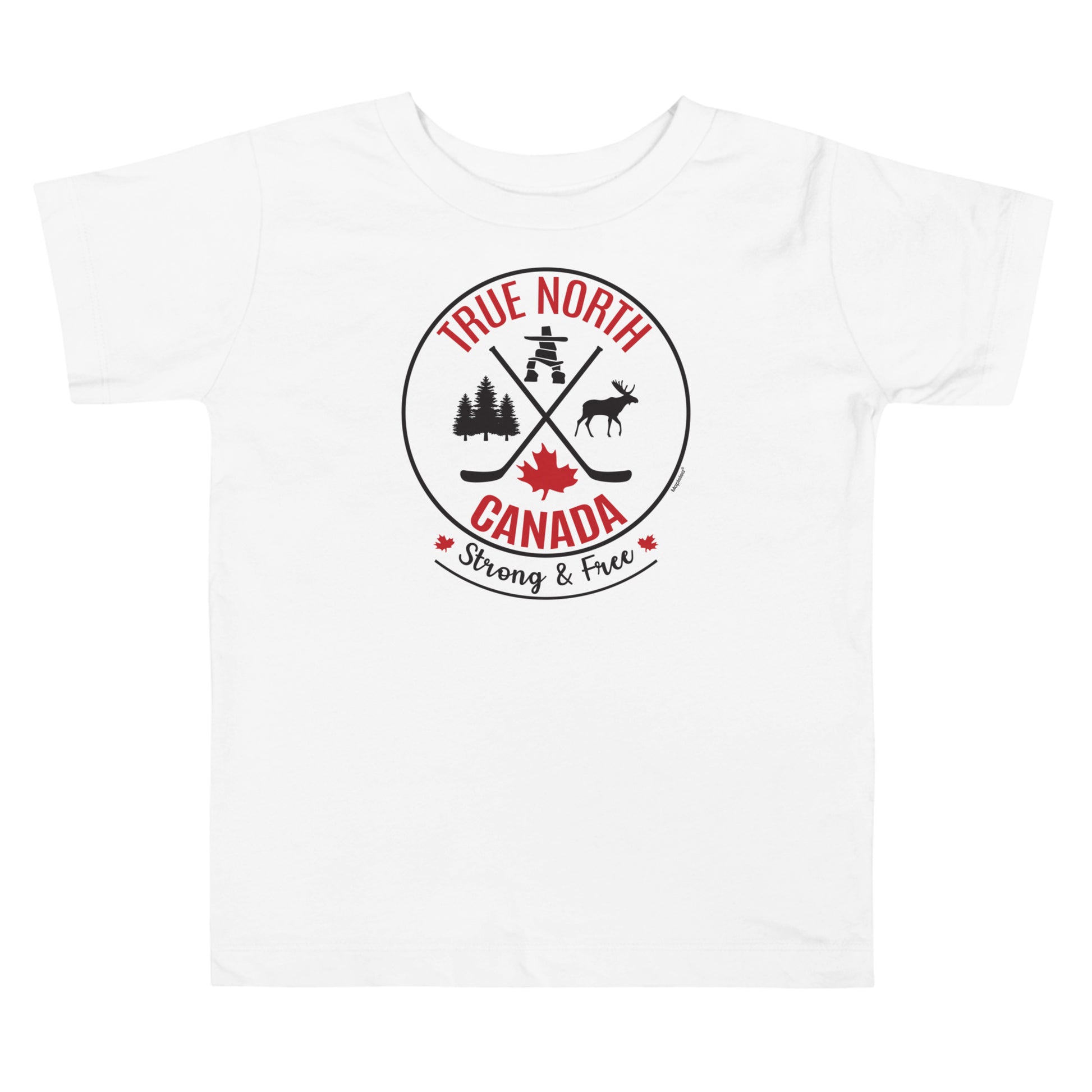 White toddler T-shirt displayed on a light gray background, featuring a circular “True North Canada” graphic in red and black. The design includes crossed hockey sticks, a maple leaf, evergreen trees, a moose, and an Inukshuk, with the words “True North,” “Canada,” and “Strong & Free” arranged around the emblem.