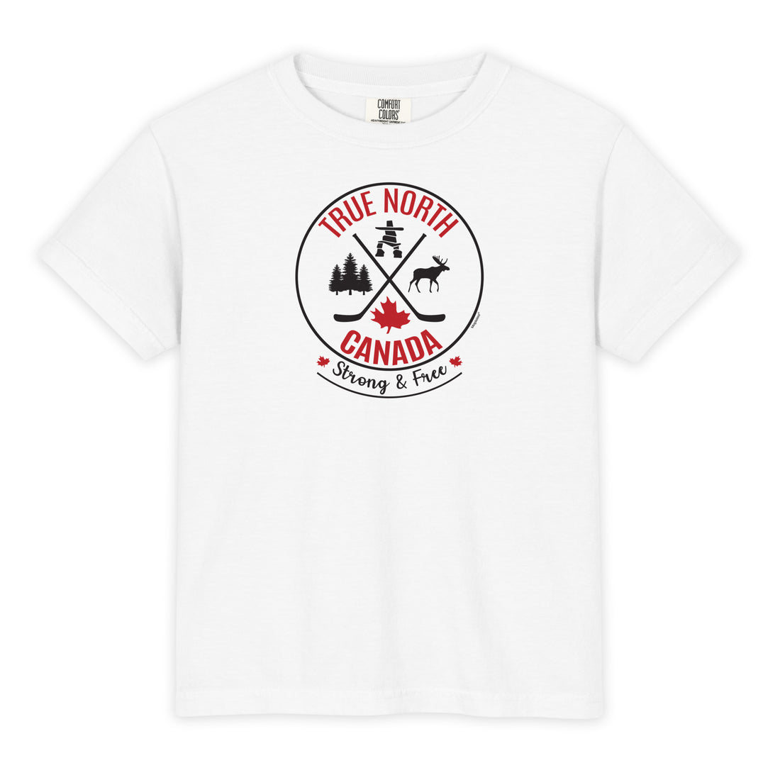 White youth T-shirt displayed on a light gray background, featuring a circular “True North Canada” graphic in red and black. The design includes crossed hockey sticks, a maple leaf, evergreen trees, a moose, and an Inukshuk, with the words “True North,” “Canada,” and “Strong & Free” arranged around the emblem.