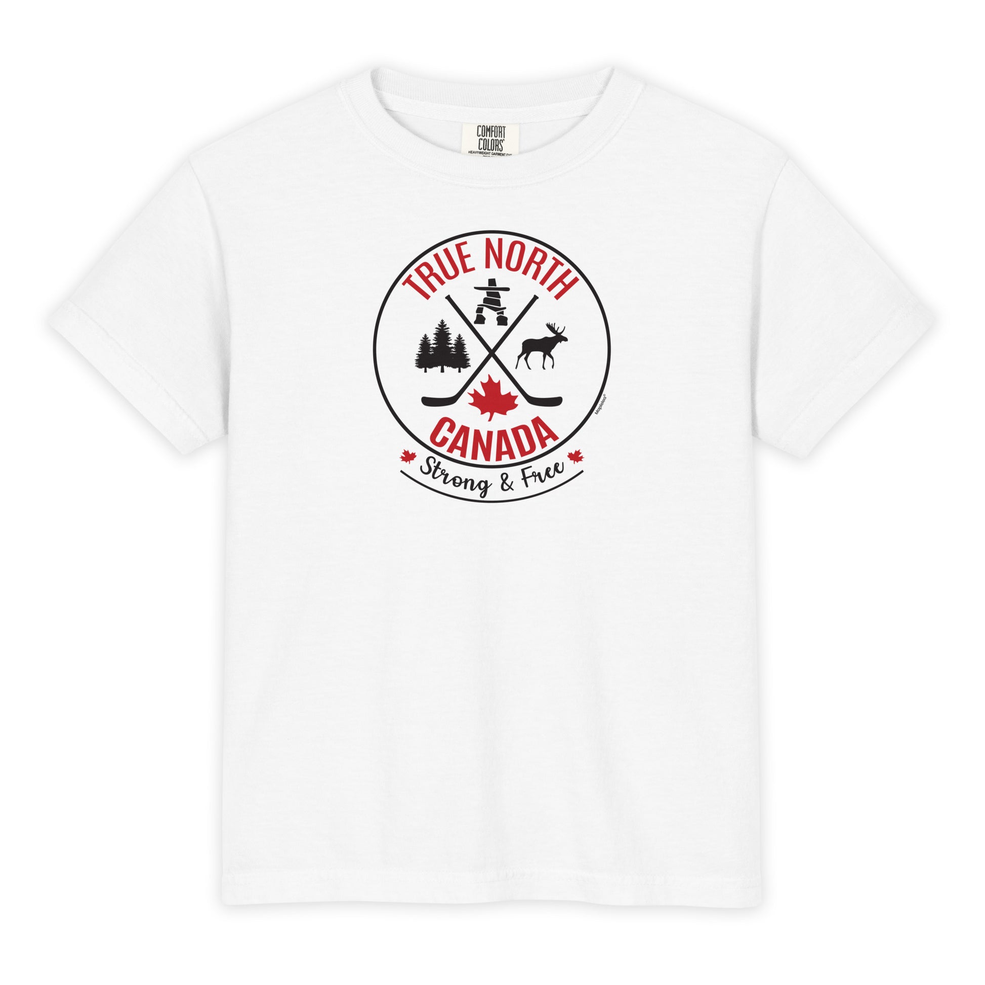 White youth T-shirt displayed on a light gray background, featuring a circular “True North Canada” graphic in red and black. The design includes crossed hockey sticks, a maple leaf, evergreen trees, a moose, and an Inukshuk, with the words “True North,” “Canada,” and “Strong & Free” arranged around the emblem.