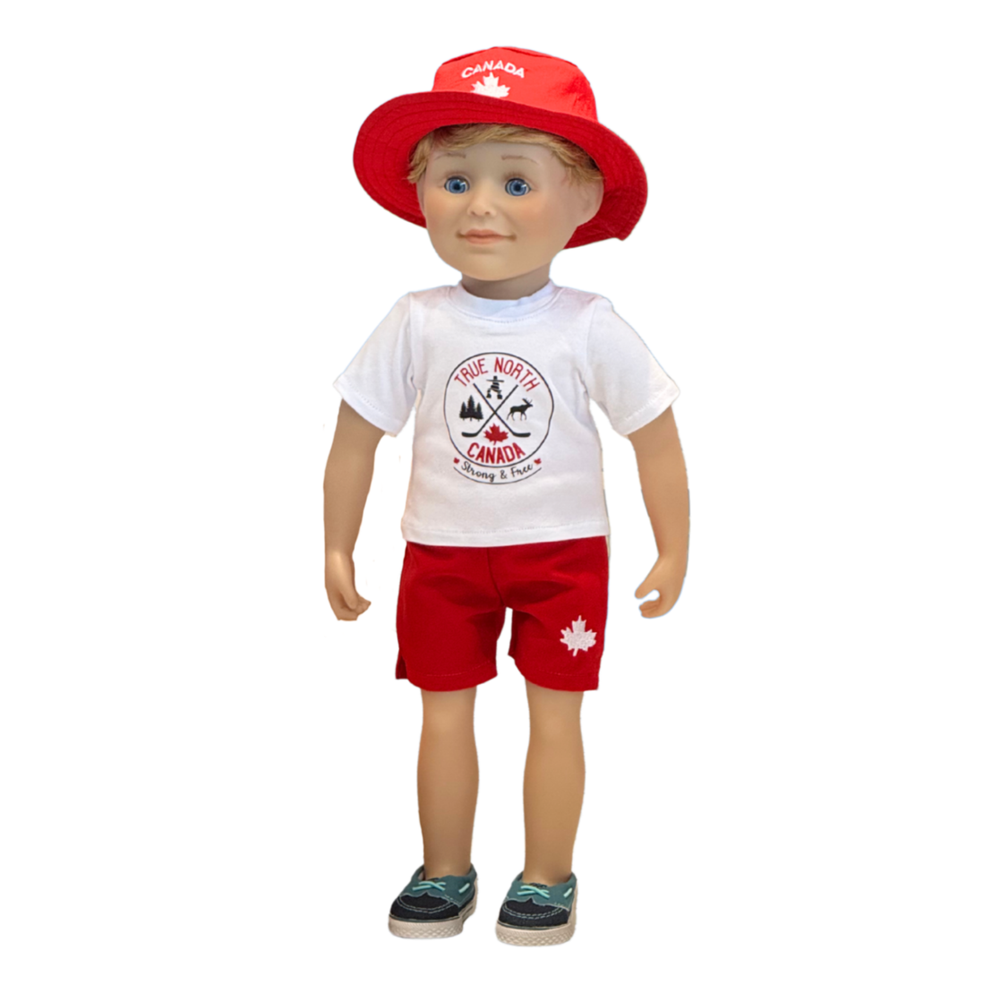 An 18-inch doll wearing a red Canada bucket hat, a white graphic t-shirt, red shorts, and blue sneakers, isolated on a white background.