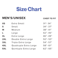 Men’s/Unisex T-shirt size chart on a light grey background. The chart lists sizes XS through 5XL with corresponding chest measurements. Sizes and chest-to-fit ranges are: XS (Extra Small) 31–34 inches, S (Small) 34–37 inches, M (Medium) 38–41 inches, L (Large) 42–45 inches, XL (Extra Large) 46–49 inches, 2XL (Double Extra Large) 50–53 inches, 3XL (Triple Extra Large) 54–57 inches, 4XL (Quadruple Extra Large) 58–61 inches, and 5XL (Quintuple Extra Large) 62–65 inches. 