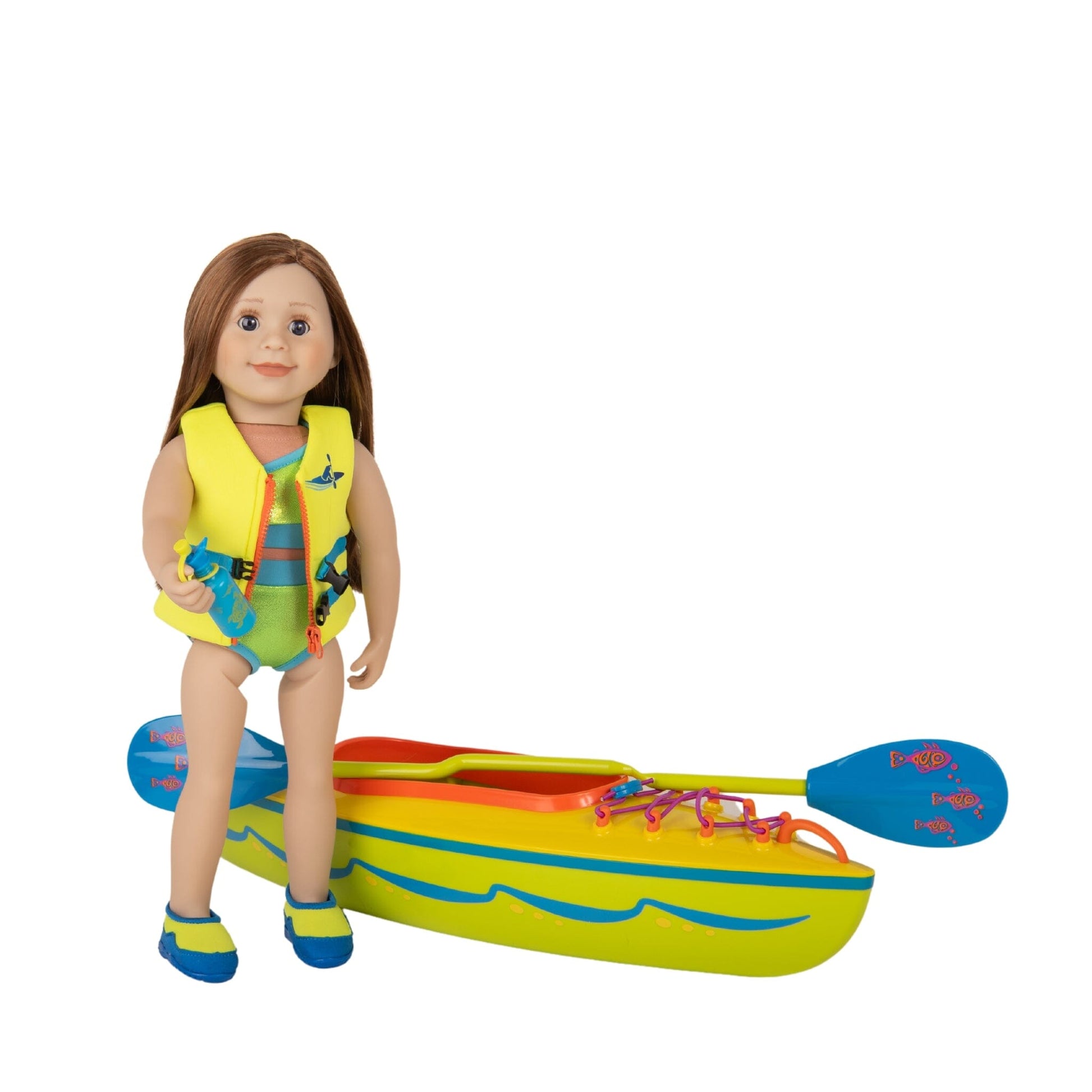 18-inch doll wearing two piece west coast waterwear set and life jacket beside kayak with paddle.