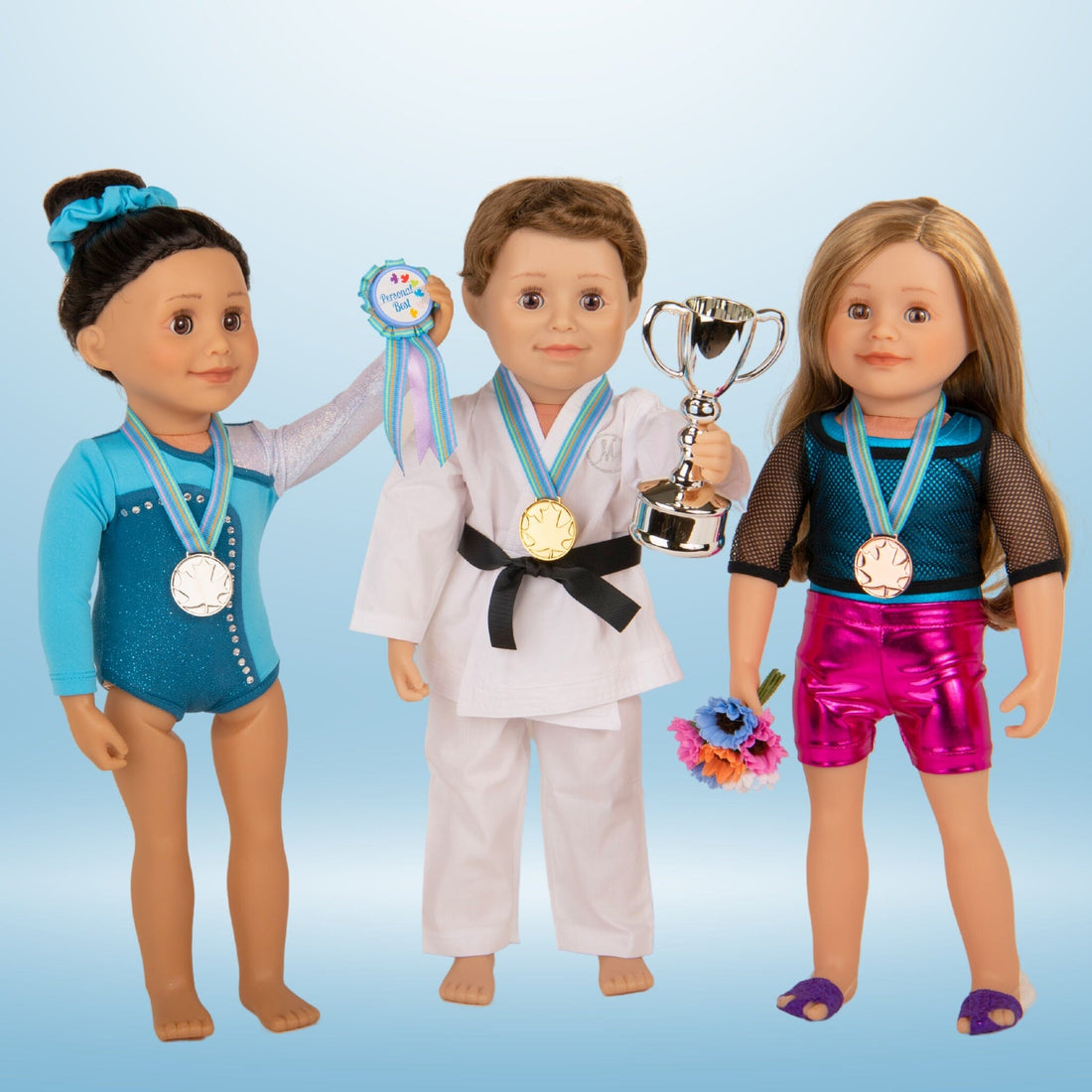 winner's circle gold, silver and bronze medals, silver trophy, 3 bouquets of flowers, 3 participation ribbons for all 18-inch dolls in their blue maplelea sturdy keepsake box.