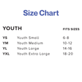 Youth T-shirt size chart on a light gray background. The chart lists sizes XS (Extra Small), S (Small), M (Medium), L (Large), and XL (Extra Large), with corresponding garment measurements. Width and length measurements are: YS—fits sizes 6-8, YM—fits sizes 10-12, YL—fits sizes 14-16, YXL—fits sizes 18-20.The title “Size Chart” appears at the top.