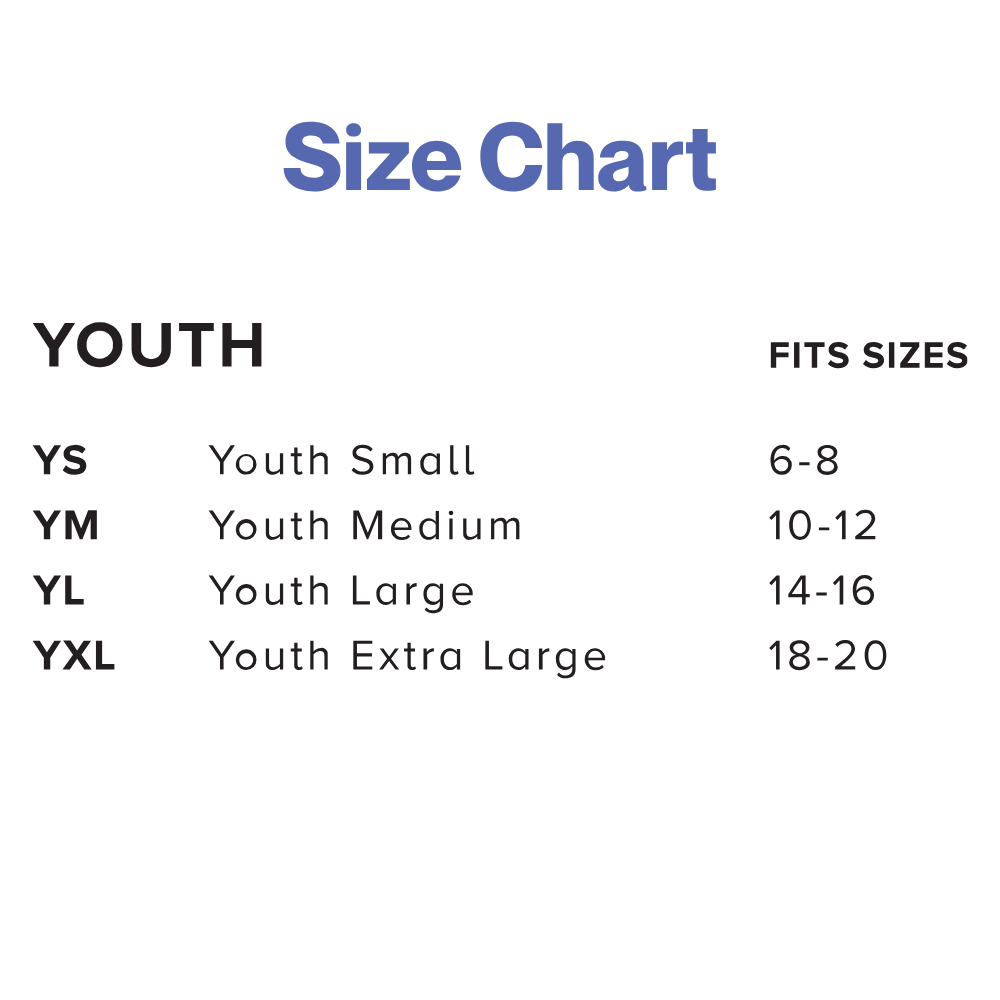 Youth T-shirt size chart on a light gray background. The chart lists sizes XS (Extra Small), S (Small), M (Medium), L (Large), and XL (Extra Large), with corresponding garment measurements. Width and length measurements are: YS—fits sizes 6-8, YM—fits sizes 10-12, YL—fits sizes 14-16, YXL—fits sizes 18-20.The title “Size Chart” appears at the top.