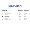 Youth T-shirt size chart on a light gray background. The chart lists sizes XS (Extra Small), S (Small), M (Medium), L (Large), and XL (Extra Large), with corresponding garment measurements. Width and length measurements are: XS—13.5 inches wide, 18.75 inches long; S—14.5 inches wide, 20.5 inches long; M—16.5 inches wide, 21.5 inches long; L—17.5 inches wide, 22.75 inches long; and XL—19.5 inches wide, 26 inches long. The title “Size Chart” appears at the top.