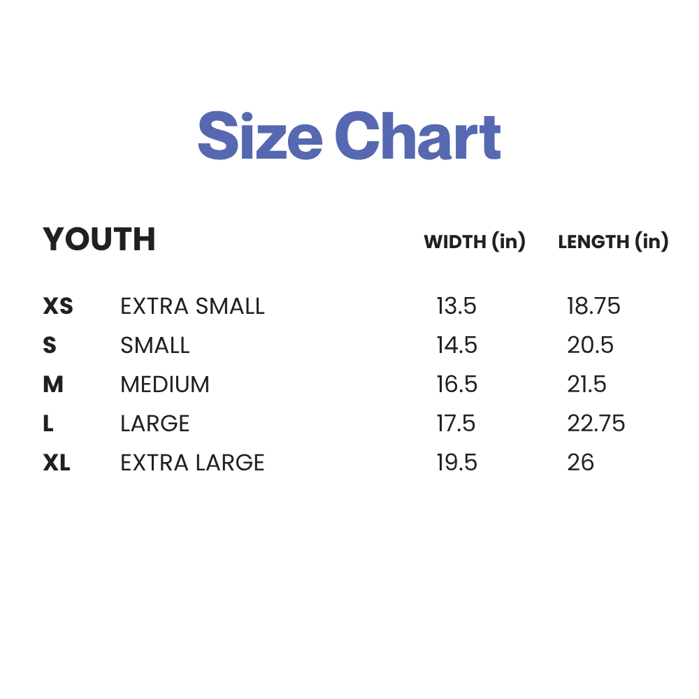 Youth T-shirt size chart on a light gray background. The chart lists sizes XS (Extra Small), S (Small), M (Medium), L (Large), and XL (Extra Large), with corresponding garment measurements. Width and length measurements are: XS—13.5 inches wide, 18.75 inches long; S—14.5 inches wide, 20.5 inches long; M—16.5 inches wide, 21.5 inches long; L—17.5 inches wide, 22.75 inches long; and XL—19.5 inches wide, 26 inches long. The title “Size Chart” appears at the top.