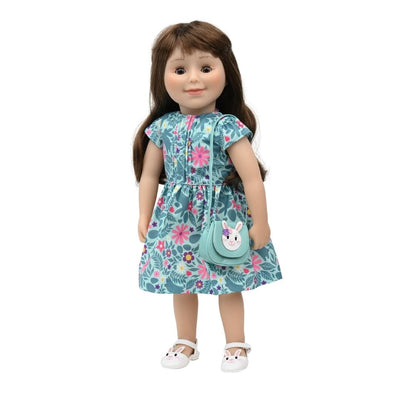 a cute dress worn by an 18-inch doll at Easter with bunny shoes and bunny purse