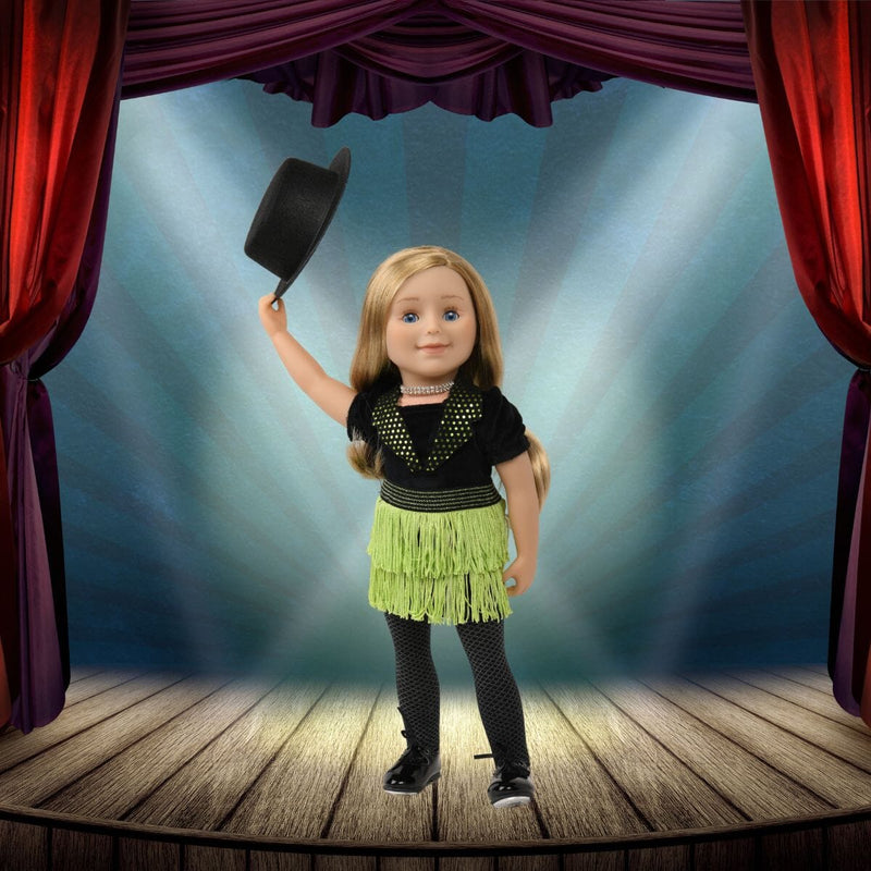 blonde doll wearing tap dance outfit with tap shoes