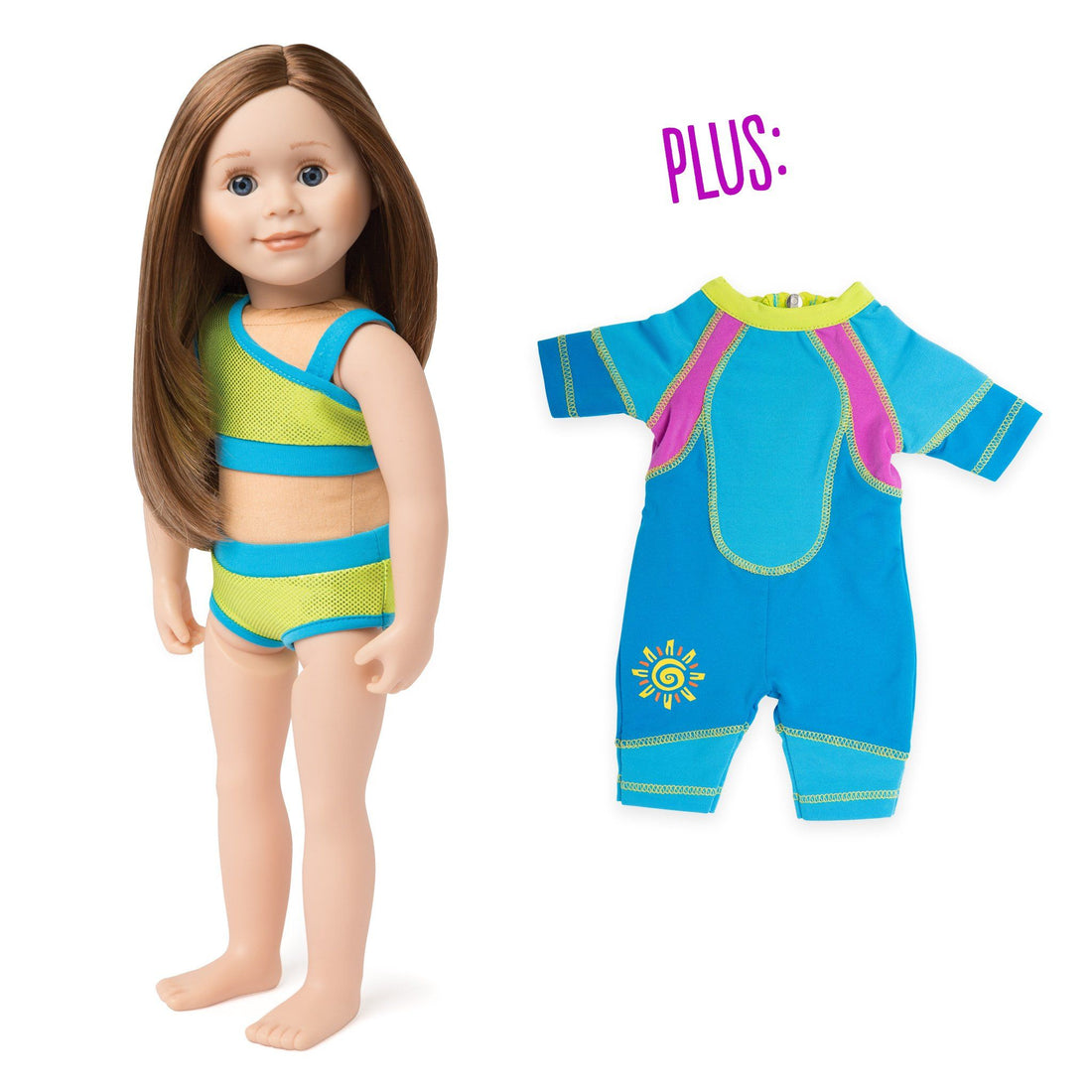 18-inch doll charlsea wearing two-piece sparkly green bathing suit with blue trim. With extra two-tone blue wetsuit with sun graphic and pink accent on the side.