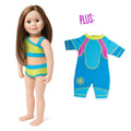 18-inch doll wearing two-piece green bathing suit with blue trim and extra wetsuit beside.