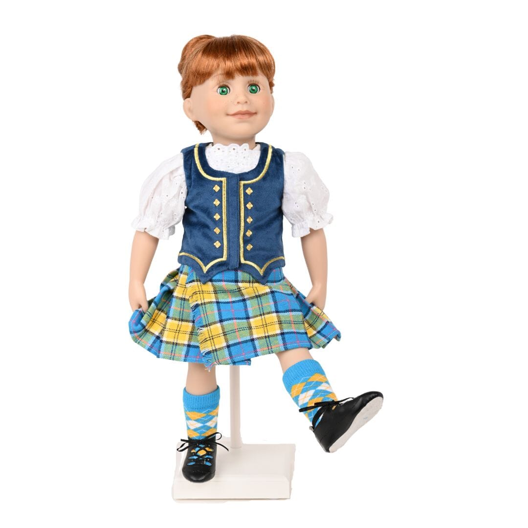 doll wearing highland dance outfit on a display stand