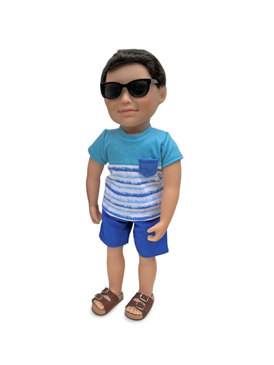 18 inch boy doll wearing shorts, sandals, sunglasses and shirt