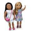Double Dress Set patterned casual dresses with tiny heart pattern, ruffle detail and one watercolour-inspired colourful pattern fits all 18 inch dolls