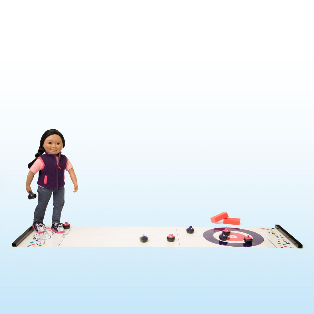 Curling play set with plastic ice surface, 8 curling stones, surface cleaners, booklet, rules and instructions, curling shoes and storage bag. For use with all 18 inch dolls.  