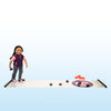 Curling play set with plastic ice surface, 8 curling stones, surface cleaners, booklet, rules and instructions, curling shoes and storage bag. For use with all 18 inch dolls.