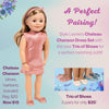 Doll wearing sparkly rose gold dress with matching sparkly shoes