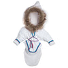 White amauti jacket with faux fur trim fits all 18 inch dolls. Traditional Inuit design.
