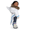 Side view of white amauti with faux fur trim fits all 18 inch dolls. Traditional Inuit design.