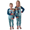 Boy, girl and 18 inch doll wearing matching family pjs, pyjamas, pajamas