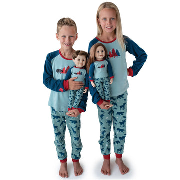 boy, girl and 18 inch dolls in matching family pajamas teal and red bear moose pattern PJs