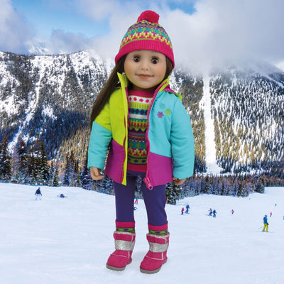 Snowsuit and ski wear on 18 inch Maplelea Girl doll.