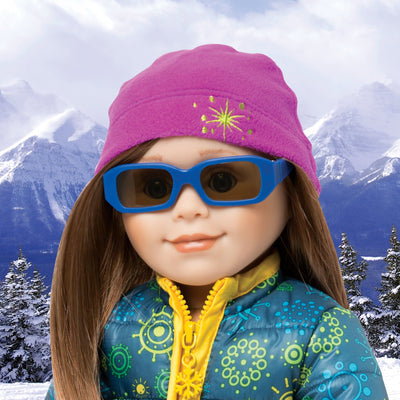 Blue sunglasses shown on KC1 Charlsea doll. Fits all 18 inch dolls.