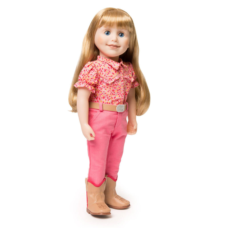 Brianne's starter outfit pink pants, pink patterned blouse, tan belt with sparkly buckle and tan riding boots fits all 18 inch dolls.