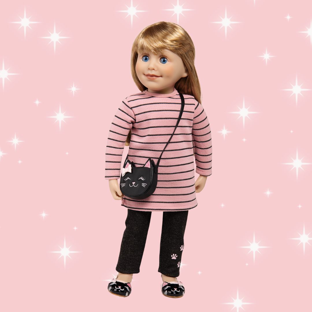 18-inch doll wearing kitty cat themed outfit