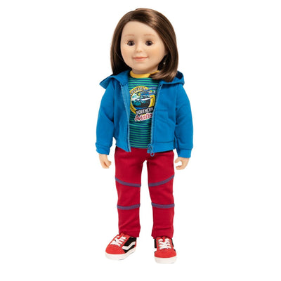 Girl doll wearing blue hoodie, dark red pants, striped t-shirt with aviation graphic and red and black runners.