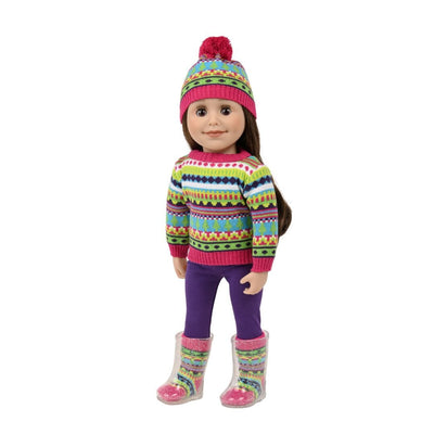 Canadian girl doll wearing a colourful ski sweater with matching tuque and socks