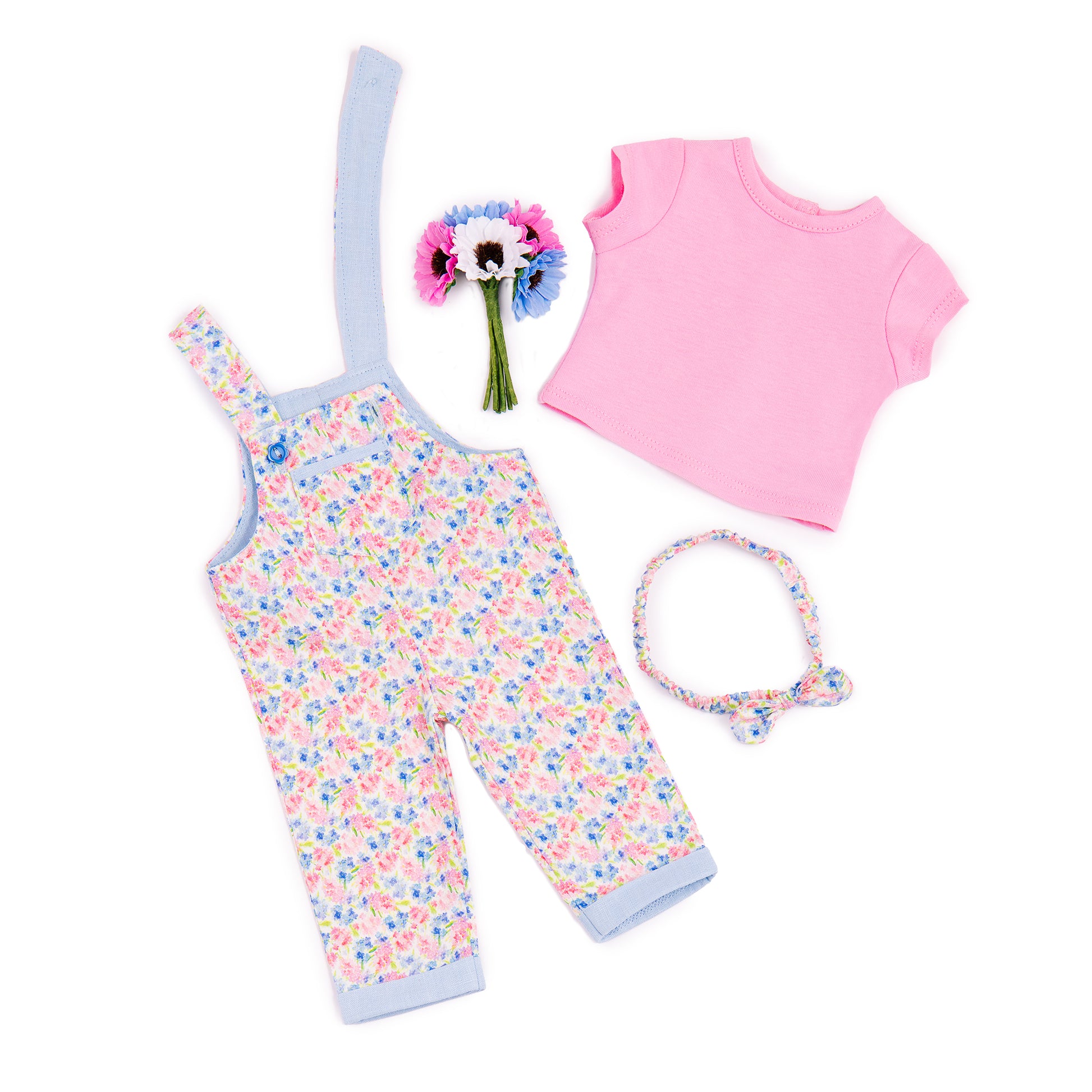 Floral overalls, pink tshirt, floral headband and flowers make a cute outfit for 18 inch dolls.