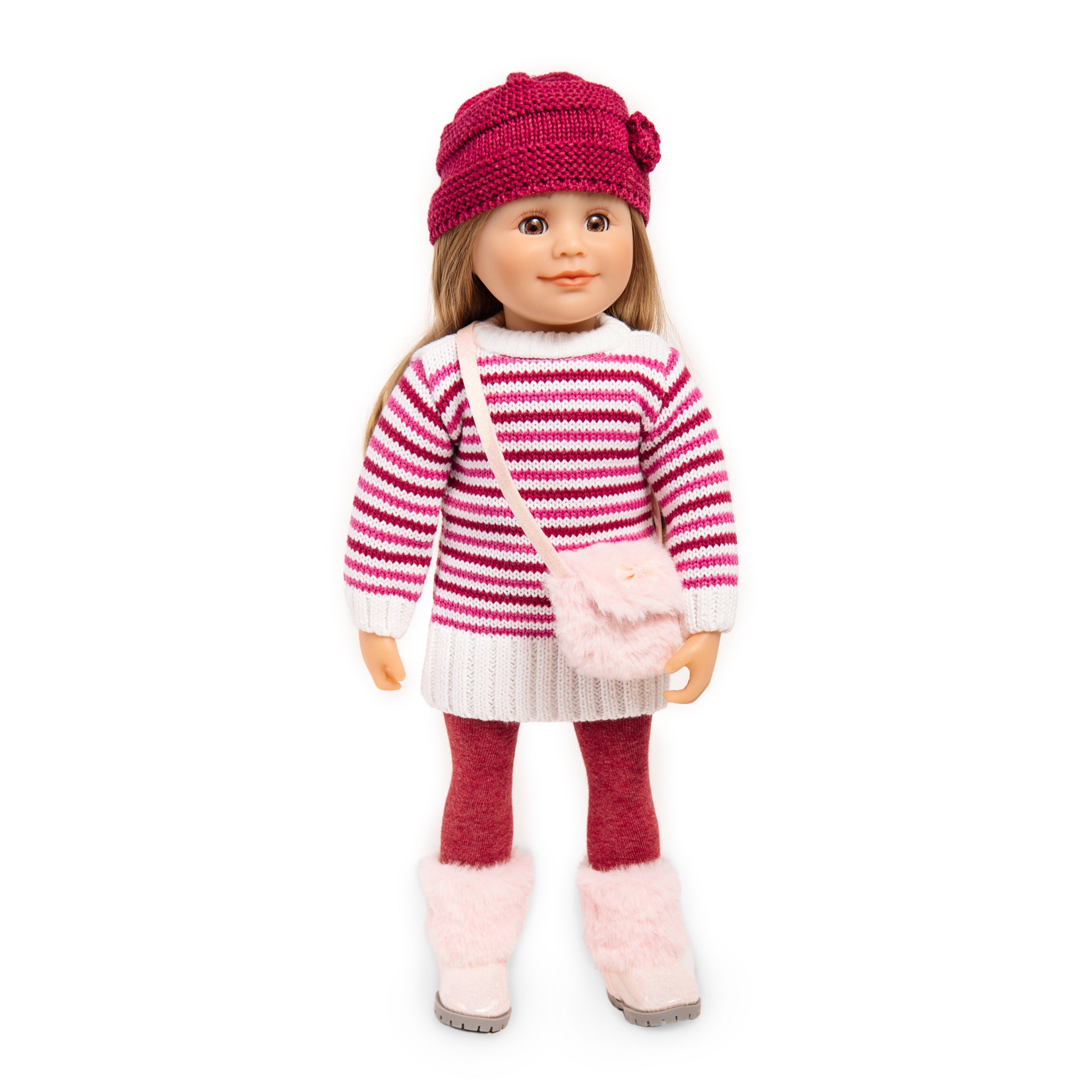 18-inch doll wearing sweater dress, knit hat, tights and boot