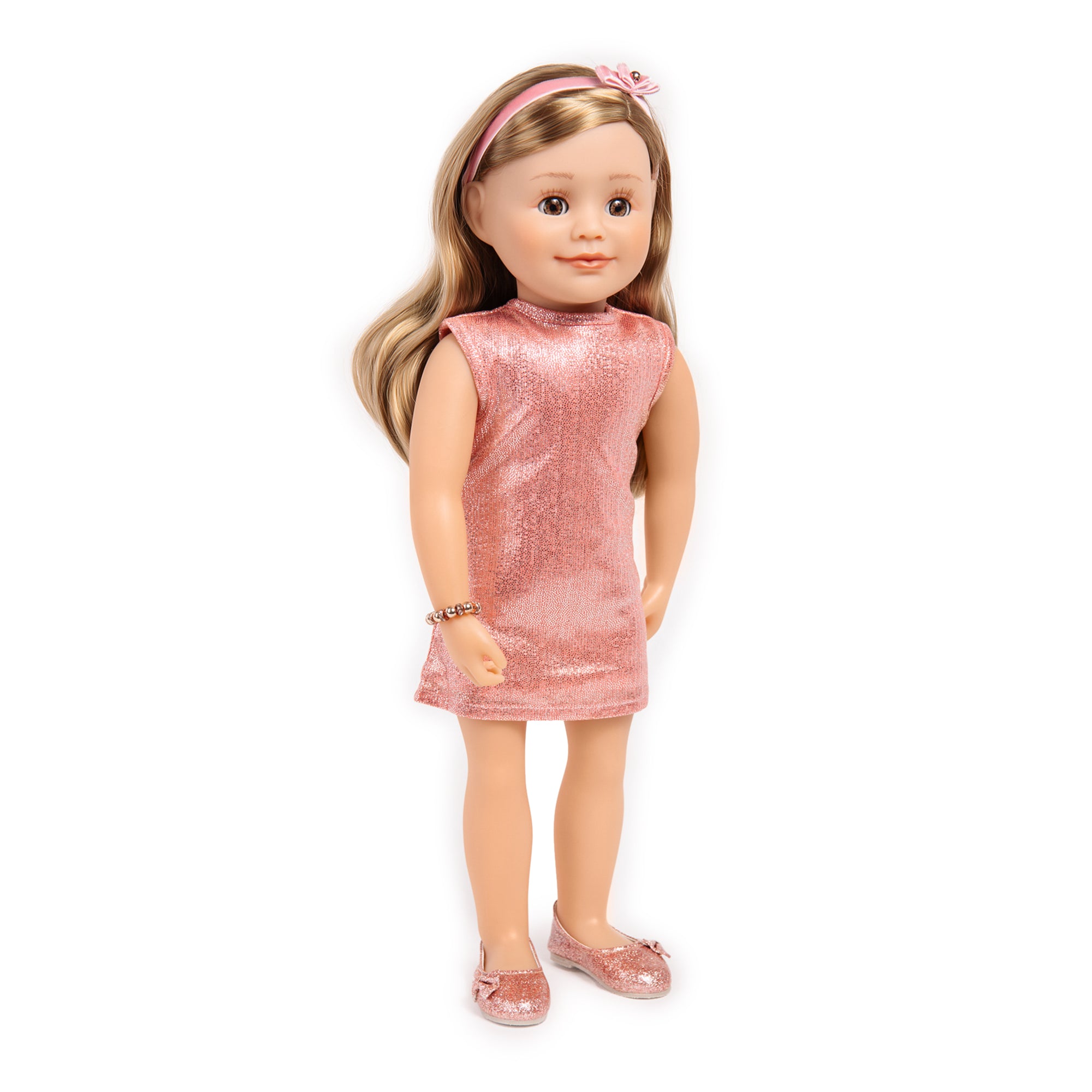 Sparkly summer dress for 18-inch dolls with matching sparkly pink shoes