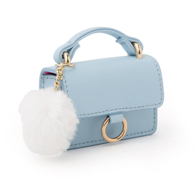 Pale blue purse with white pom pom for 18" dolls