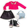 Sweater, skirt, purse with pom pom and sparkly boots for 18 inch doll