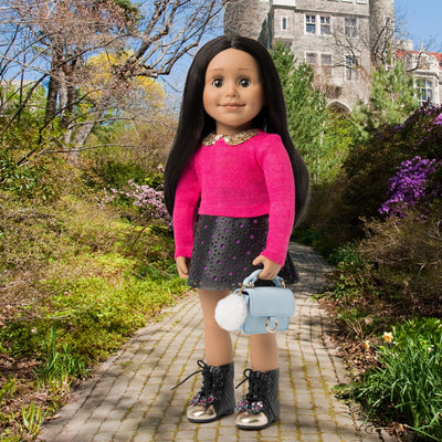 Pink sweater and leather-like skirt for 18 inch dolls