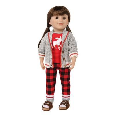 18-inch doll dressed for a comfy night in, wearing moose pjs, sweater and socks