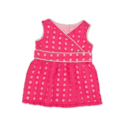 Pink eyelet dress with silver piping fits all 18 inch dolls.
