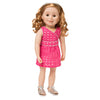 Pink eyelet dress with silver piping, silver headband and silver sandals fits all 18 inch dolls. Shown on KMF28 Maplelea Friends doll.