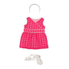 Pink eyelet dress with silver piping, silver headband and silver sandals fits all 18 inch dolls.